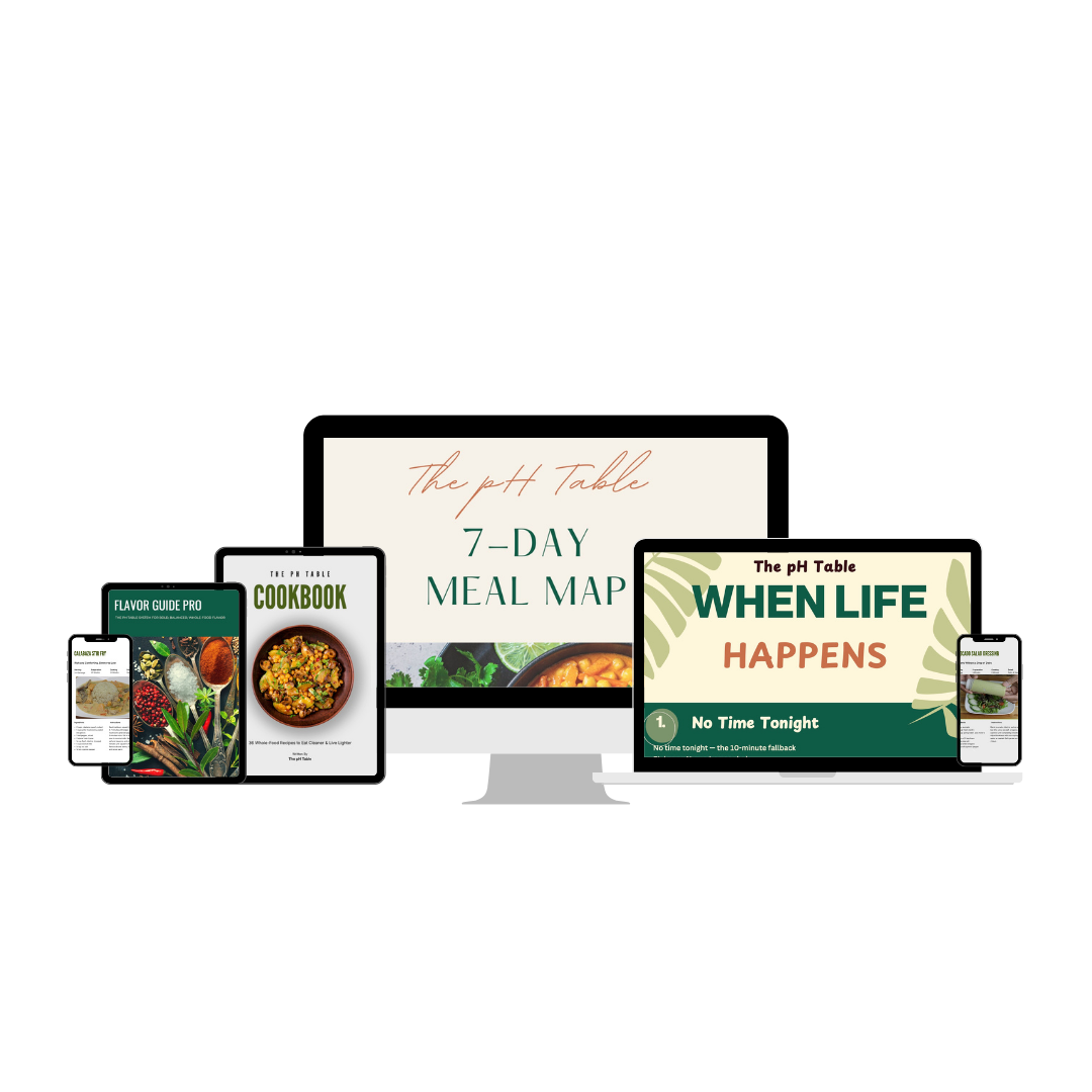 The 7-Day Plant-Based Kitchen Reset shown across devices: 7-Day Meal Map, Cookbook, Flavor Guide PRO, and When Life Happens swap sheet